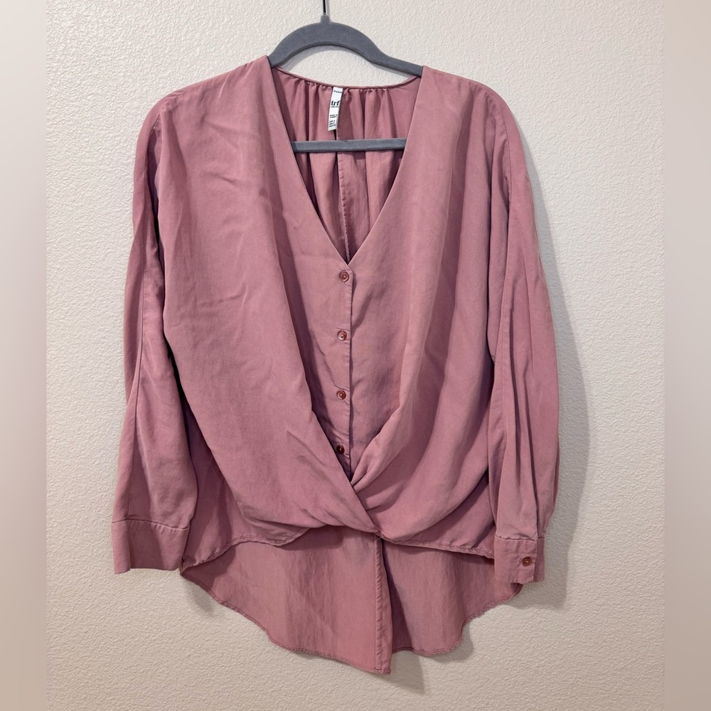 Zara Dusty Rose Wrap Blouse Size S Long Sleeve V-Neck